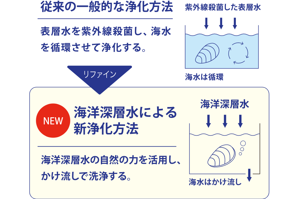 海洋深層水の自然の力を活用し、掛け流しで洗浄する。